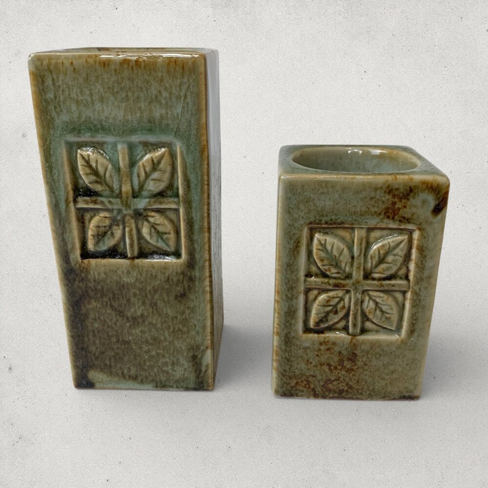 Vintage Ceramic Votive Pillar Candle Holder Set Leaf Relief Rustic Decor